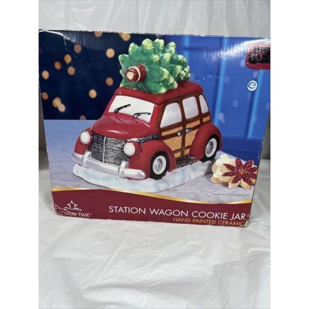 Holiday Time Red Woodie Station Wagon Cookie Jar Christmas Tree Hand Painted